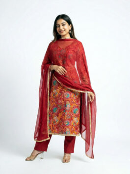 Red Natural Crepe Silk Suit with Embroidery Work