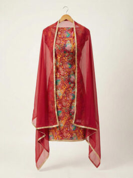 Red Natural Crepe Silk Suit with Embroidery Work